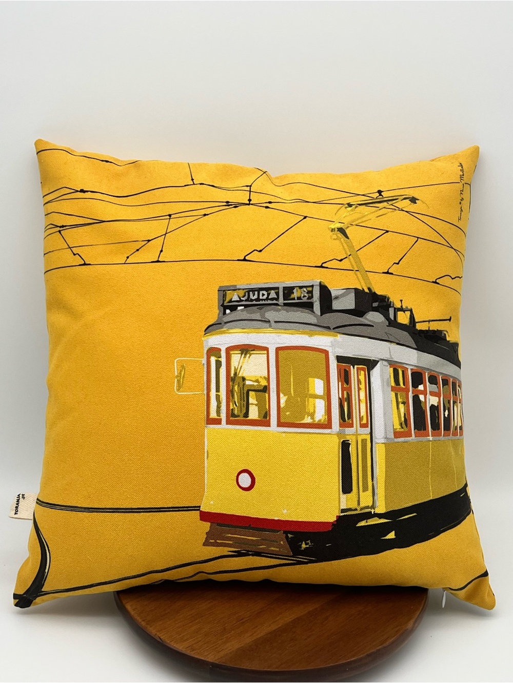 Toranja Nuno Martinho Art Portuguese  Lisbon Tram Throw Pillow Yellow